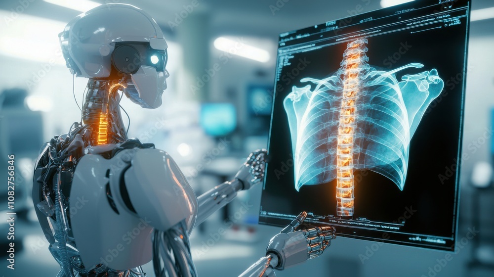 A futuristic robot examines a digital x-ray of a human spine, showcasing advanced technology and medical imaging capabilities. A futuristic robot examines a digital x-ray of a human spine, showcasing advanced technology and medical imaging capabilities.