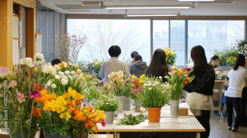Students are engaged in floral arrangement class, surrounded by vibrant flowers and greenery, showcasing creativity and learning in bright, spacious environment