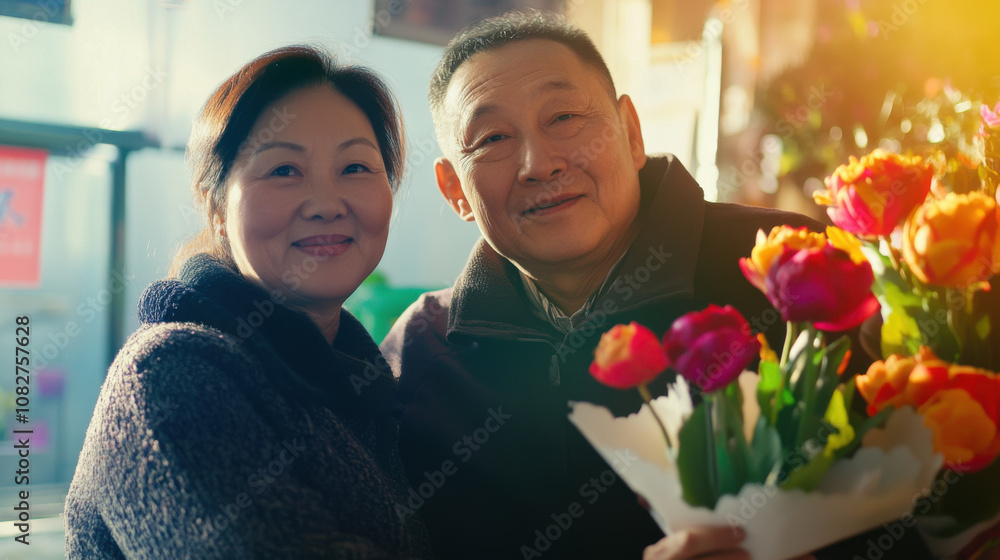 In flower shop, middle aged couple smiles happily while holding vibrant bouquet of tulips. Their joyful expressions reflect love and togetherness In flower shop, middle aged couple smiles happily while holding vibrant bouquet of tulips. Their joyful expressions reflect love and togetherness