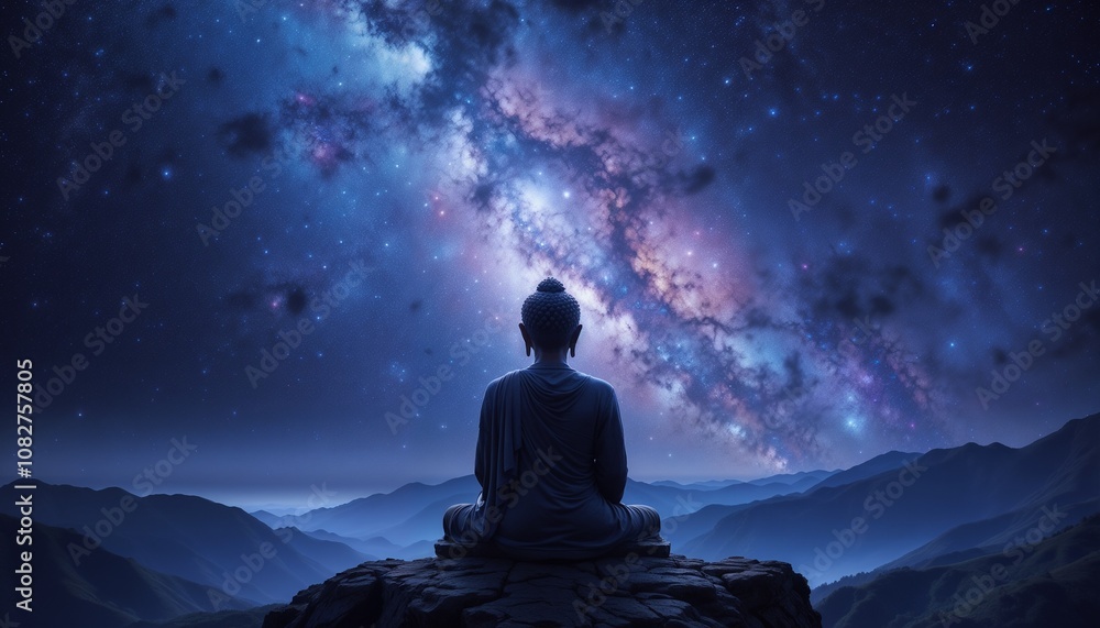 Buddha statue meditating under a starlit sky Buddha statue meditating under a starlit sky