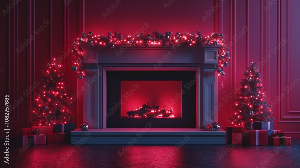 Christmas Decor with Lit Fireplace, Two Trees, and Gifts Christmas Decor with Lit Fireplace, Two Trees, and Gifts
