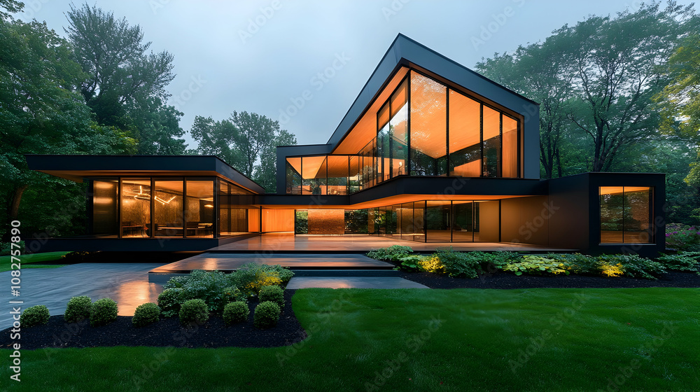 Mid-century modern house with large windows Mid-century modern house with large windows