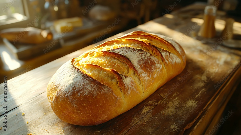 Fresh loaf of bread with golden crust on wooden table , bakery, homemade, artisan, delicious, breakfast, lunch, flavor, aroma