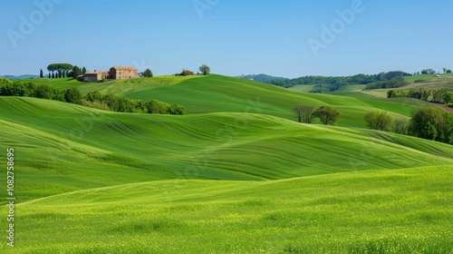 Rolling green hills with a lone farmhouse under a clear blue sky