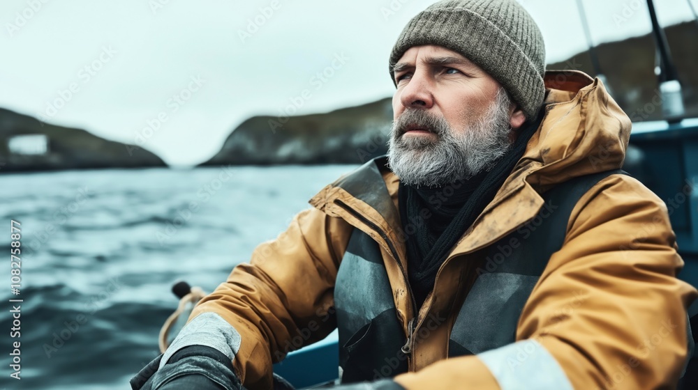Obraz premium Middle-aged man with a gray beard wearing a beanie and yellow jacket, sitting on a boat in a sea, with rocky coastline in the background under overcast sky.