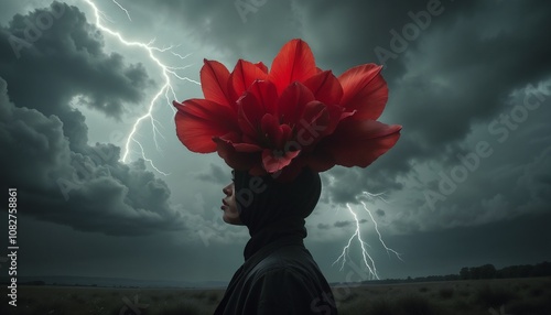 Woman with red flower headdress in stormy landscape