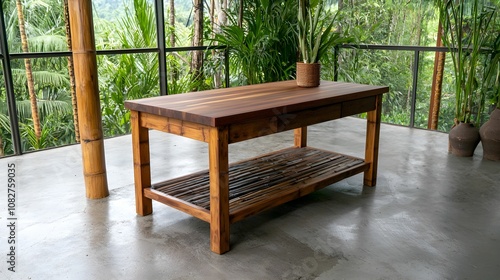 A wooden table stands in a serene indoor space surrounded by greenery, featuring a rustic design with a lower shelf and a potted plant for decoration.