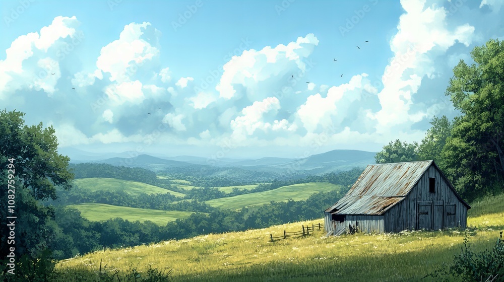 Scenic Landscape with Old Barn and Lush Green Field Vibrant Rustic Countryside Panorama, new beautiful stock image illustration AI Scenic Landscape with Old Barn and Lush Green Field Vibrant Rustic Countryside Panorama, new beautiful stock image illustration AI