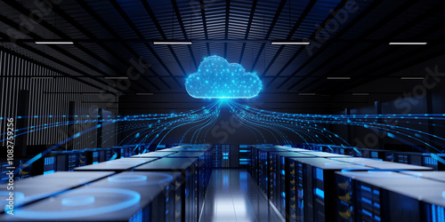 A computer server room with a large blue cloud on the wall