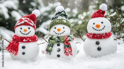 Three cheerful snowmen adorned with festive scarves stand together in a serene winter landscape surrounded by snow and evergreen trees