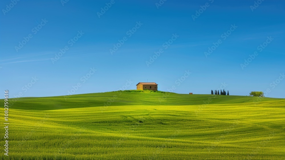 Rolling green hills with a lone farmhouse under a clear blue sky Rolling green hills with a lone farmhouse under a clear blue sky