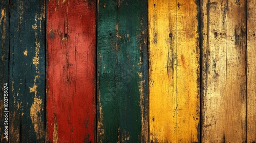 Dynamic Close-Up of the Flag of Guinea on a Weathered Wood Background, Highlighting Iconic Colors and Textures, Perfect for Celebrating National Pride and Cultural Heritage