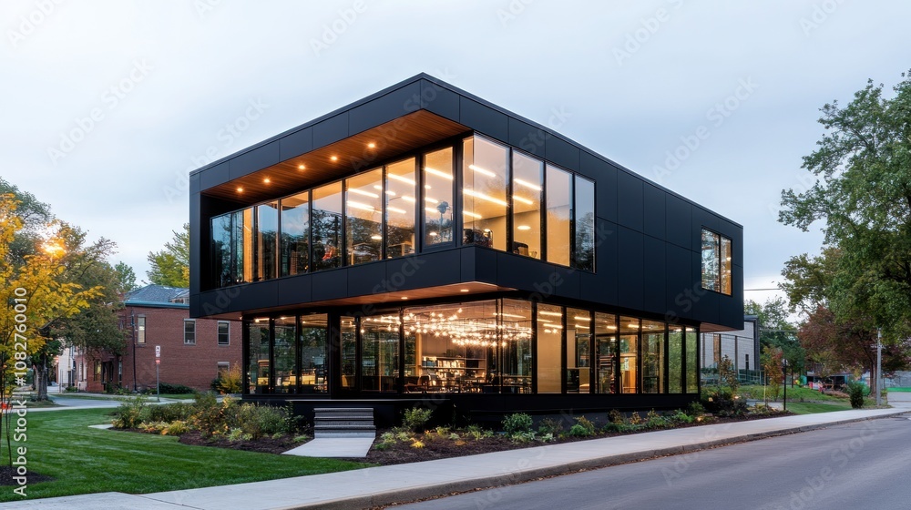 Modern black architectural building with large glass windows. Modern black architectural building with large glass windows.