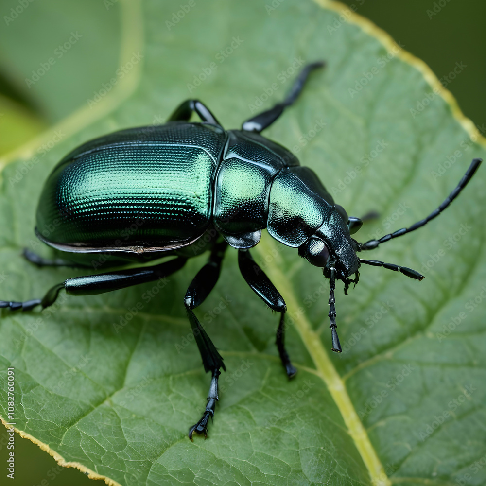 Closeup shot of a beetle on the green leaf Closeup shot of a beetle on the green leaf