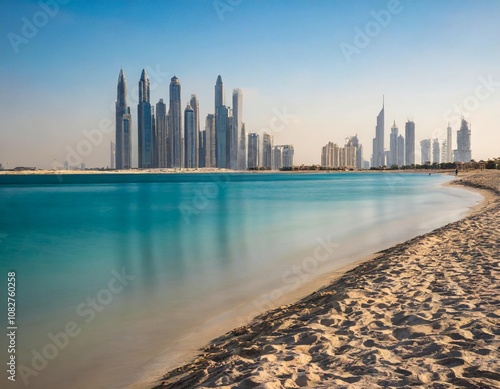 The Bustling Cityscape of Dubai Seen From the Tranquil Shores of Jumeirah Beach, Where the Modern Skyline Reflects Over Calm Coastal Waters Against a Backdrop of Arabian Desert photo