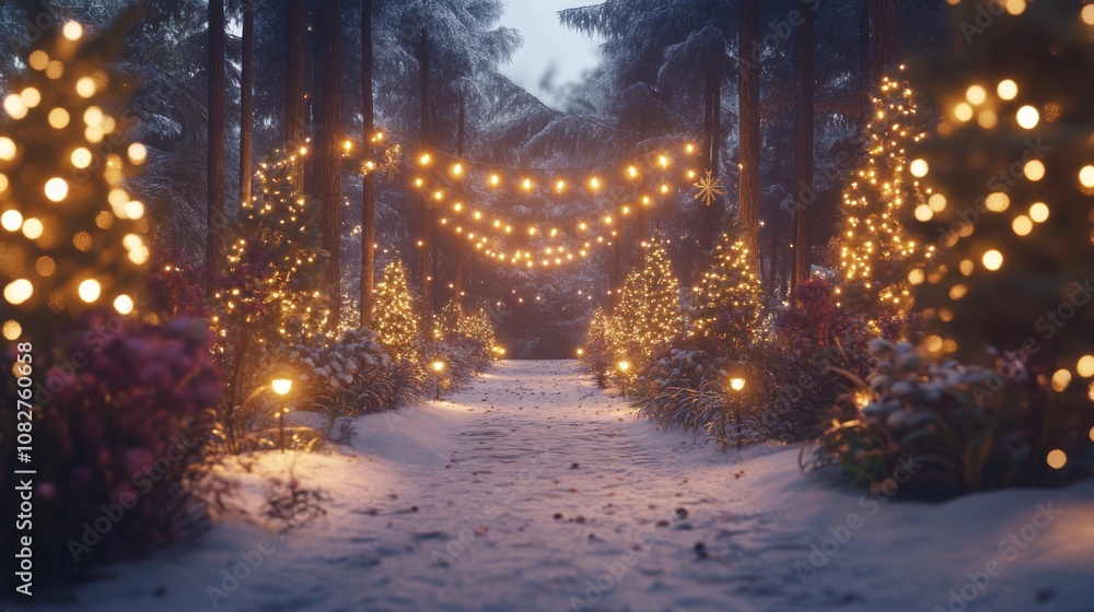 A Pathway Through a Snowy Forest Adorned with Christmas Lights A Pathway Through a Snowy Forest Adorned with Christmas Lights
