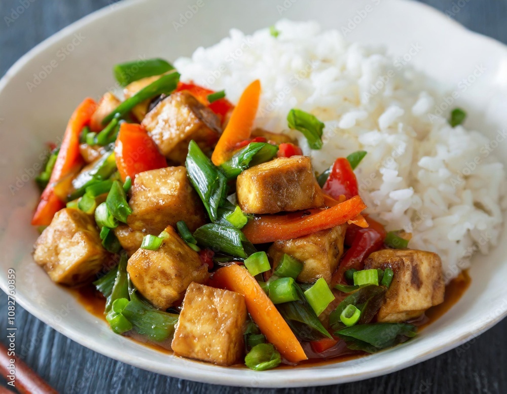 Spicy Tofu Stir-Fry with Bell Peppers, Carrots, and Green Onions, Tossed in a Soy-Ginger Sauce, Served with Steamed Rice in a Bowl