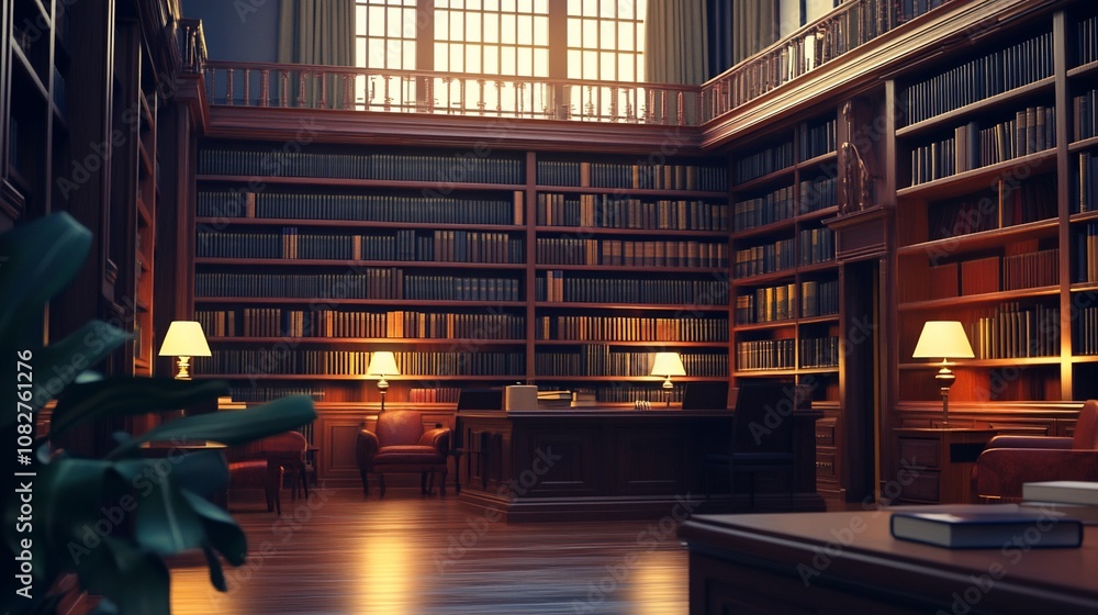 A large, old library with bookshelves filled with books, a large window, and a desk with a lamp. A large, old library with bookshelves filled with books, a large window, and a desk with a lamp.