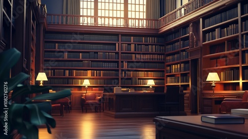 A large, old library with bookshelves filled with books, a large window, and a desk with a lamp.
