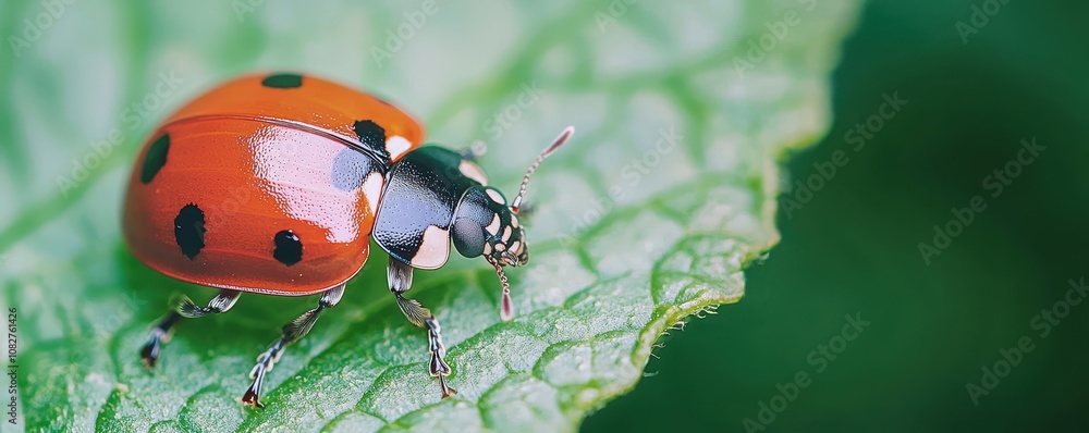Obraz premium Close-Up of a Vibrant Ladybug Resting on a Leaf with Blurred Green Background Showcasing Nature's Beauty and Insect Details in an Outdoor Setting