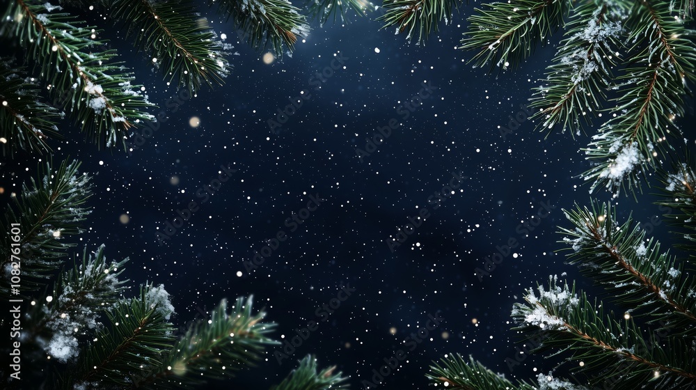Festive Winter Design with Pine Branches and Snowflakes Festive Winter Design with Pine Branches and Snowflakes