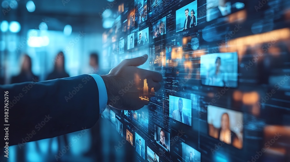 A virtual handshake displayed on a split-screen conference call, diverse business team members visible in small video frames, modern tech office with soft blue lighting, A virtual handshake displayed on a split-screen conference call, diverse business team members visible in small video frames, modern tech office with soft blue lighting,