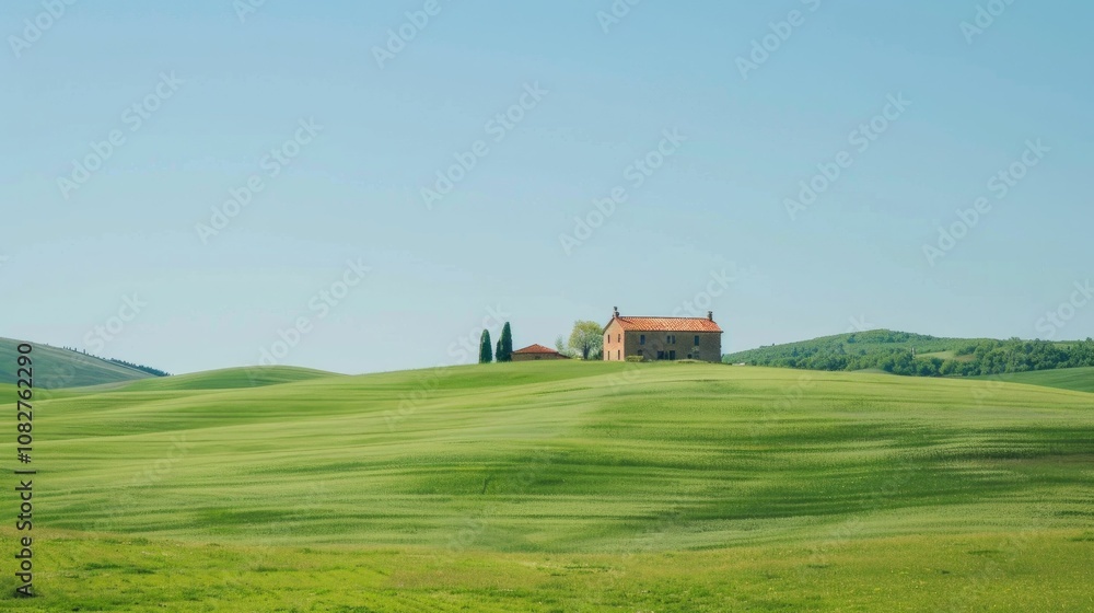 Rolling green hills with a lone farmhouse under a clear blue sky Rolling green hills with a lone farmhouse under a clear blue sky