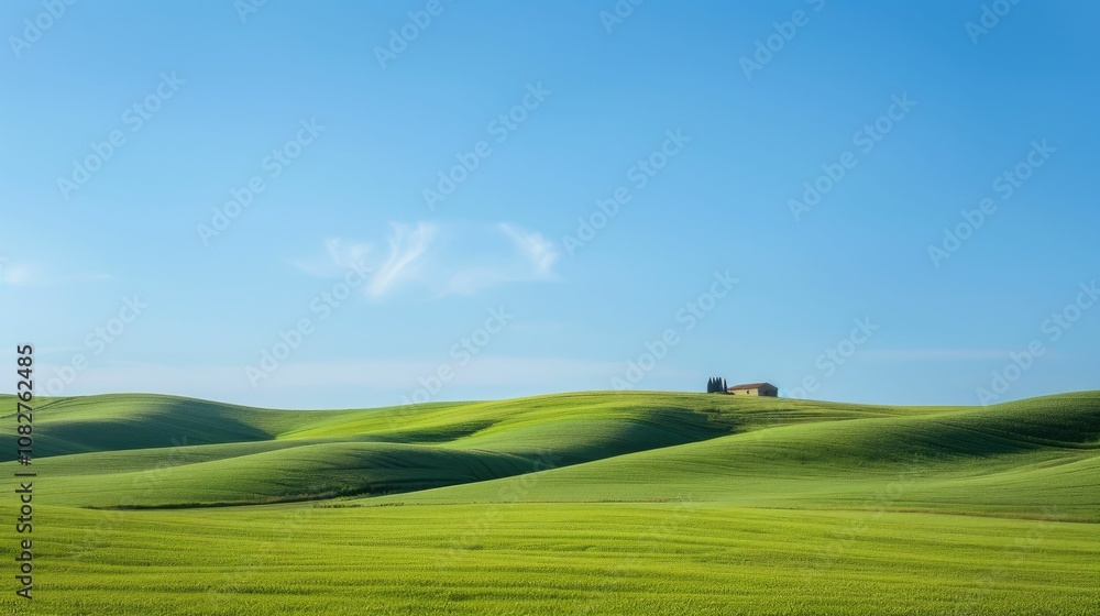 Rolling green hills with a lone farmhouse under a clear blue sky Rolling green hills with a lone farmhouse under a clear blue sky