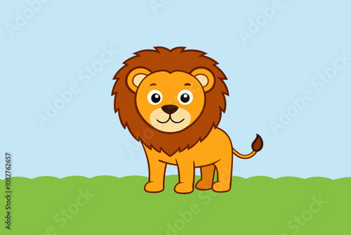 A friendly lion stands on the grassy ground, smiling with a beautiful face