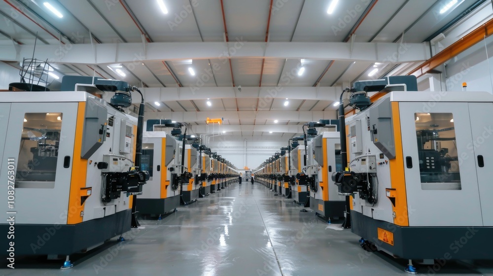 Rows of injection molding machines producing parts Rows of injection molding machines producing parts