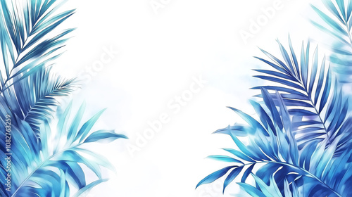 Tropical plants in blue, Christmas and New Year theme in watercolor style white background