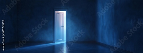 Dark blue room with door opening to the light. Concept of Opening mind, Find the hopes or Find new chance.