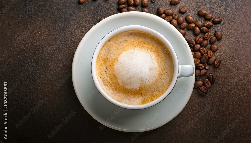 Obraz premium 위에서 내려다 본 커피콩과 따뜻한 카푸치노 배경화면