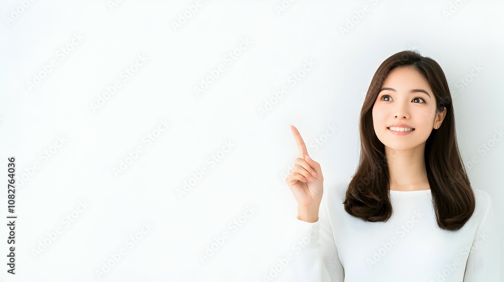 Friendly Asian Woman Pointing Up in Studio - Perfect for Text Placement Warm and Approachable Vibe for Marketing and Advertising Needs Friendly Asian Woman Pointing Up in Studio - Perfect for Text Placement Warm and Approachable Vibe for Marketing and Advertising Needs
