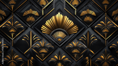 Fond Art Déco avec motifs géométriques noirs et dorés