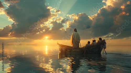 A serene scene of Jesus in the middle of a calm sea, standing in a boat, hands lowered, reflecting in the still water, sky parting with gentle light, disciples observing in reverent silence,
