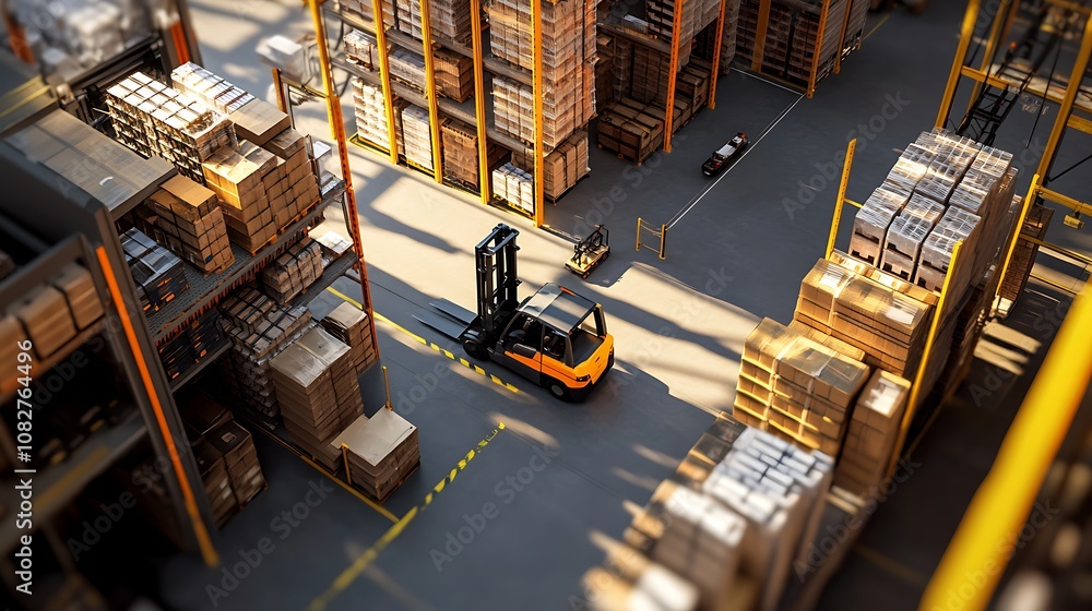 A fully automated warehouse with AI-controlled forklifts transporting goods, supported by an advanced logistics management system displayed on monitors A fully automated warehouse with AI-controlled forklifts transporting goods, supported by an advanced logistics management system displayed on monitors