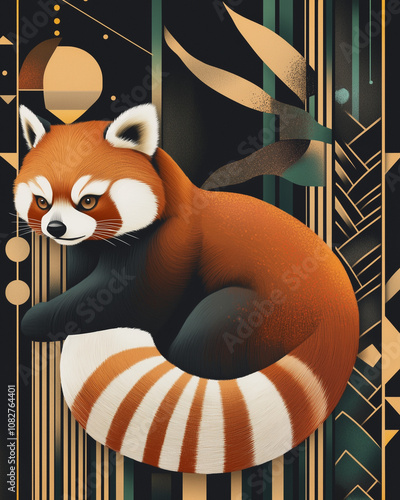 Illustration Art Déco d’un panda roux stylisé avec motifs géométriques et accents dorés photo