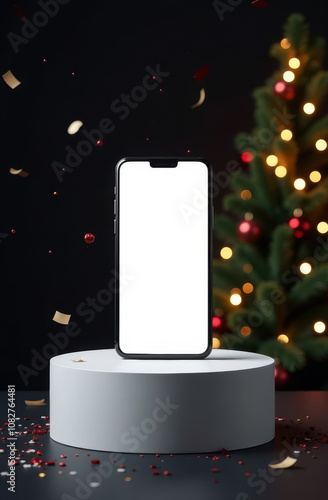 Mockup of smartphone standing on white podium on black background with christmas tree