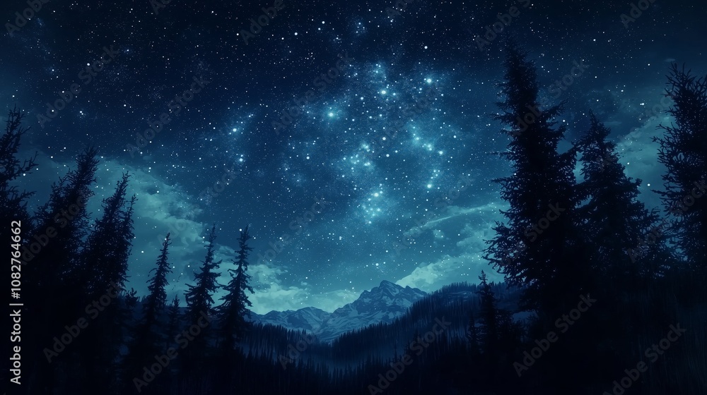 Naklejka premium Starry Night Sky Over Majestic Mountain Landscape