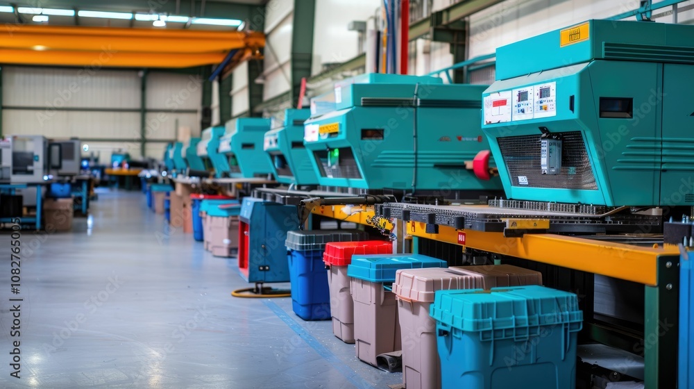 Rows of injection molding machines producing parts Rows of injection molding machines producing parts