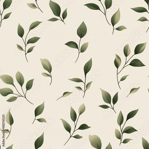 Seamless pattern of green leaves on light cream background