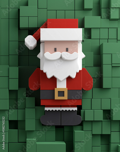 Abstrakter Weihnachtsmann aus Blöcken im Pixel Stil vor grünem Blockmuster, minimalistische Illustration für Weihnachtskarten und Grüße