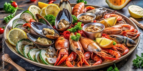 Close-up of a delectable seafood platter with shrimp, oysters, lobster, crab, scallops, and mussels