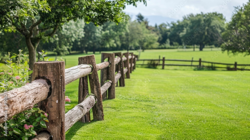Rustic wooden fence bordering a lush, green field Rustic wooden fence bordering a lush, green field