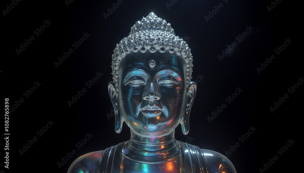Metallic Buddha statue with illuminated details on a black background Metallic Buddha statue with illuminated details on a black background