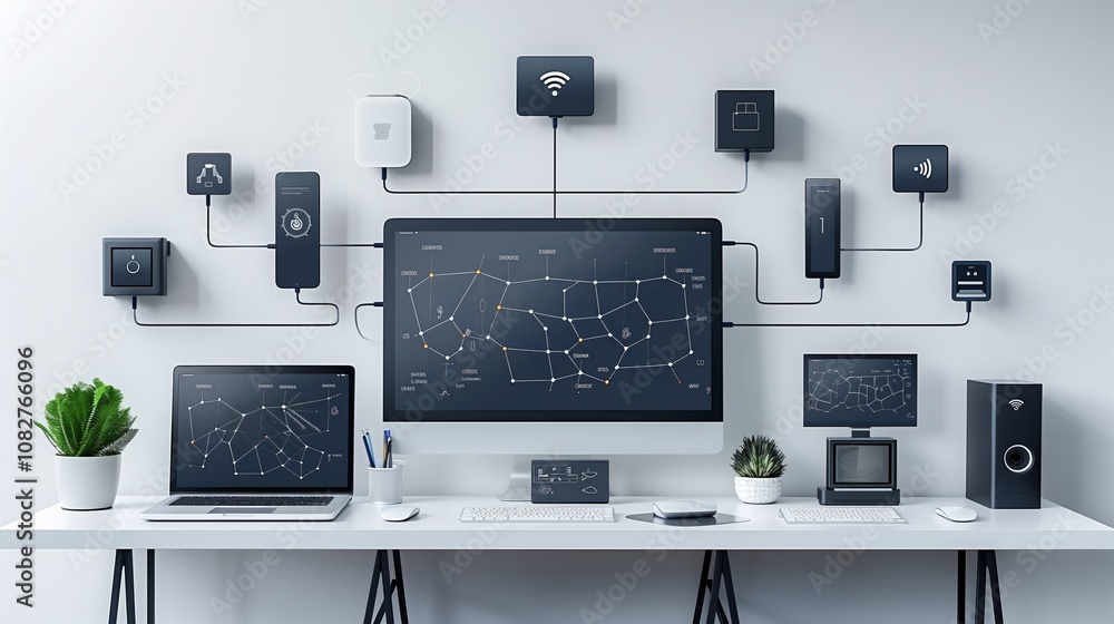 Various IoT devices interconnected in a modern setup showcasing advanced smart technology for efficient home or office integration Various IoT devices interconnected in a modern setup showcasing advanced smart technology for efficient home or office integration