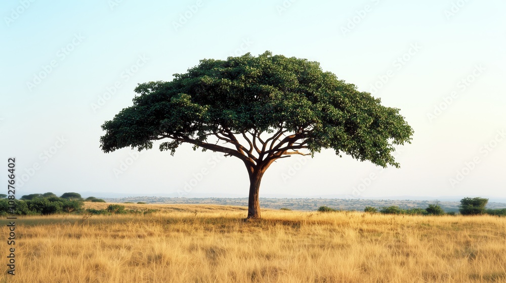 Solitary Acacia Tree in Expansive African Landscape at Sunset Solitary Acacia Tree in Expansive African Landscape at Sunset