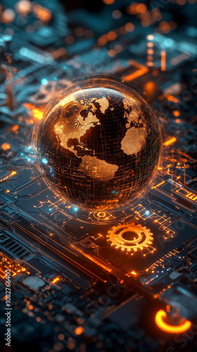 digital globe with gears rotating around it, symbolizing technology and connectivity. vibrant colors and intricate details evoke sense of innovation and progress