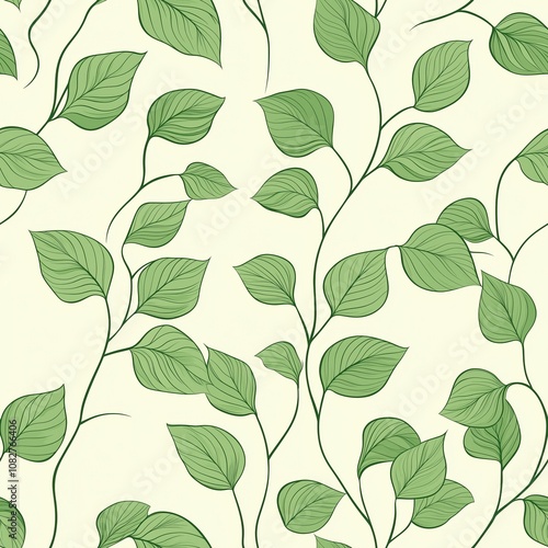 Green leaves on light background. Seamless pattern